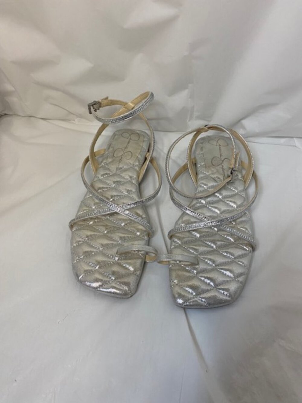 Jessica Simpson Silver Metallic Rhinestone Quilted Flat Sandals Size 6.5M